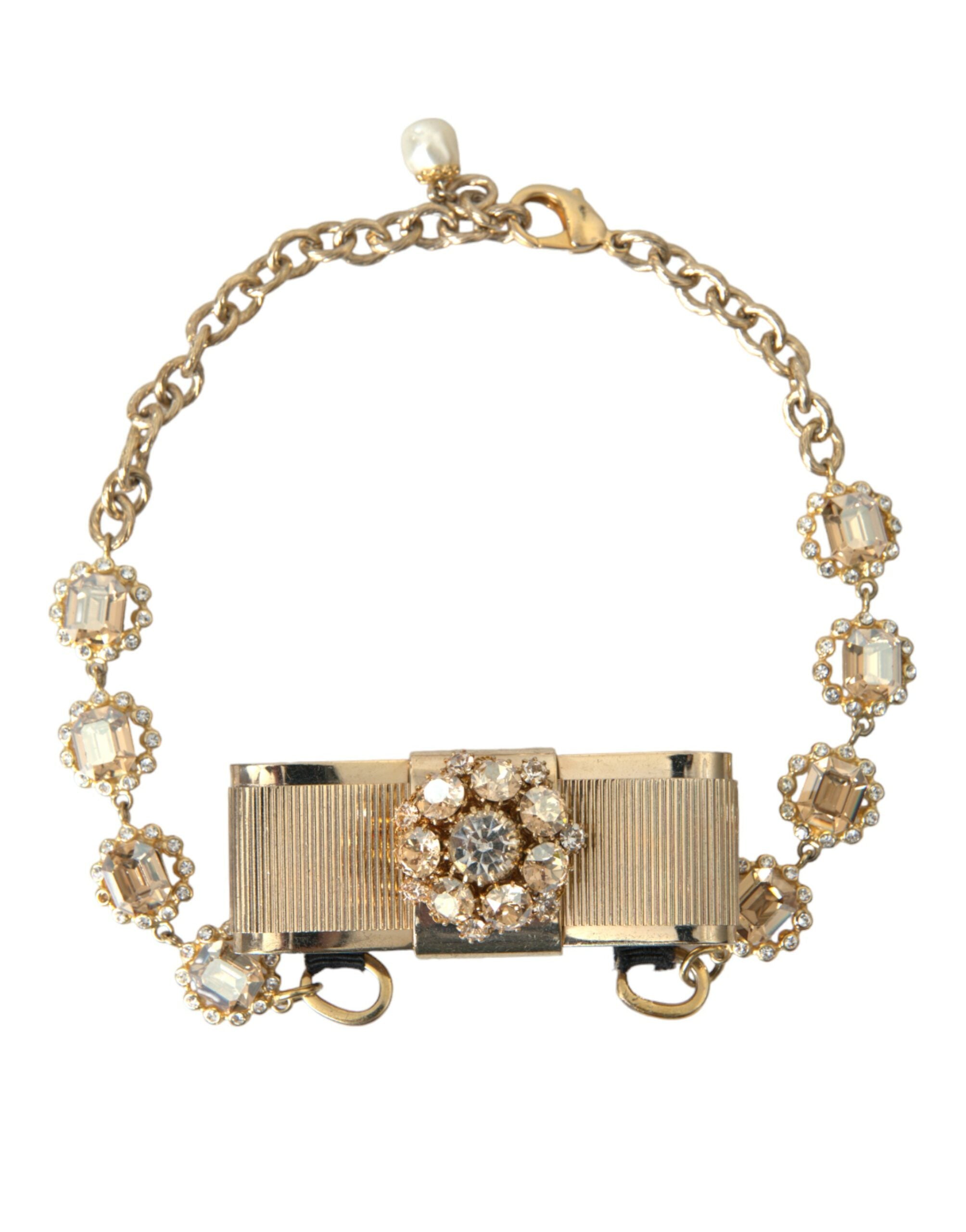 Dolce & Gabbana Gold Brass Clear Crystal Bow Chain Choker Necklace -   -  Dolce & Gabbana.