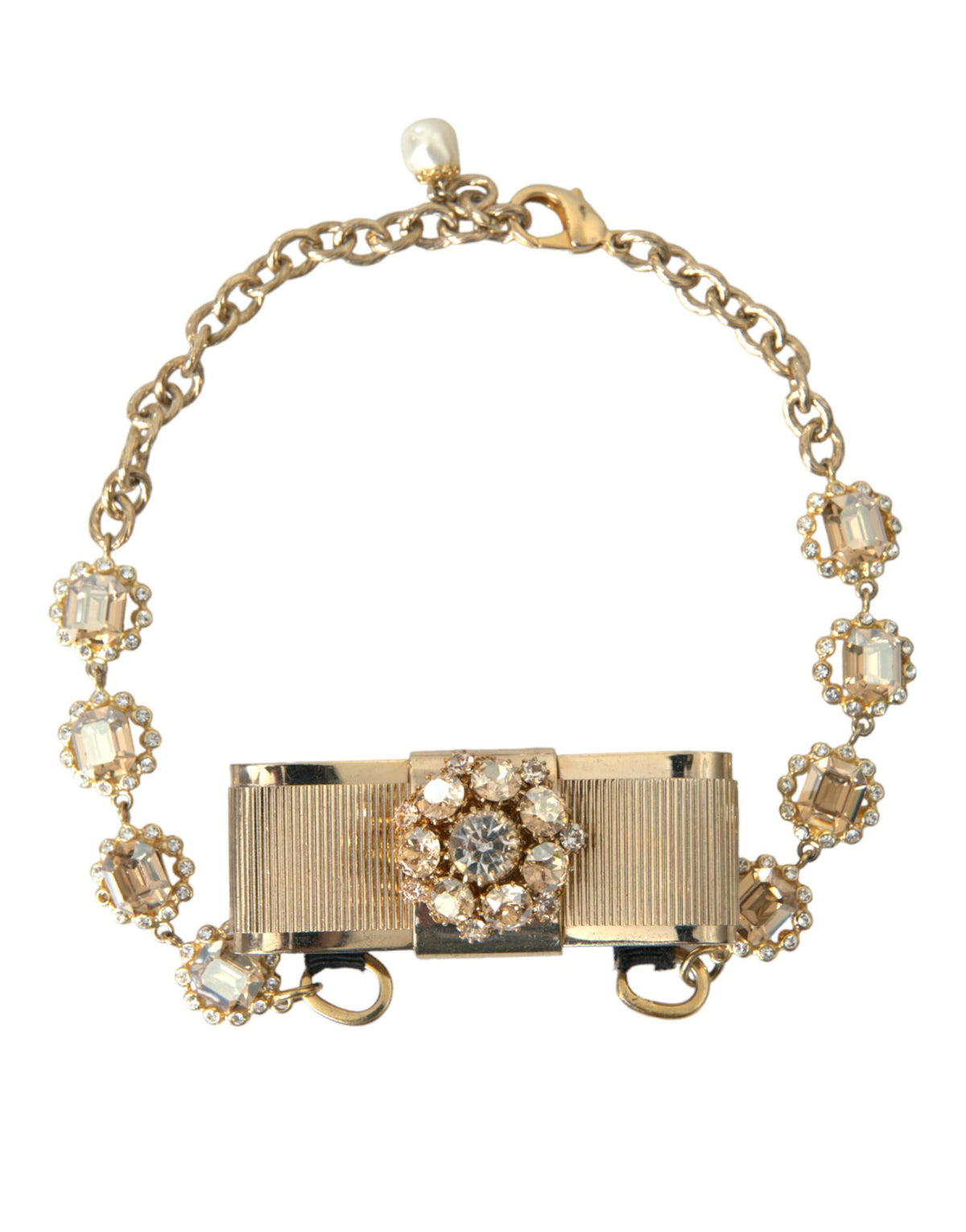 Dolce & Gabbana Gold Brass Clear Crystal Bow Chain Choker Necklace -   -  Dolce & Gabbana.