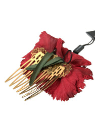 Dolce & Gabbana Red Silk Floral Gold Brass Women Hair Comb -   -  Dolce & Gabbana.