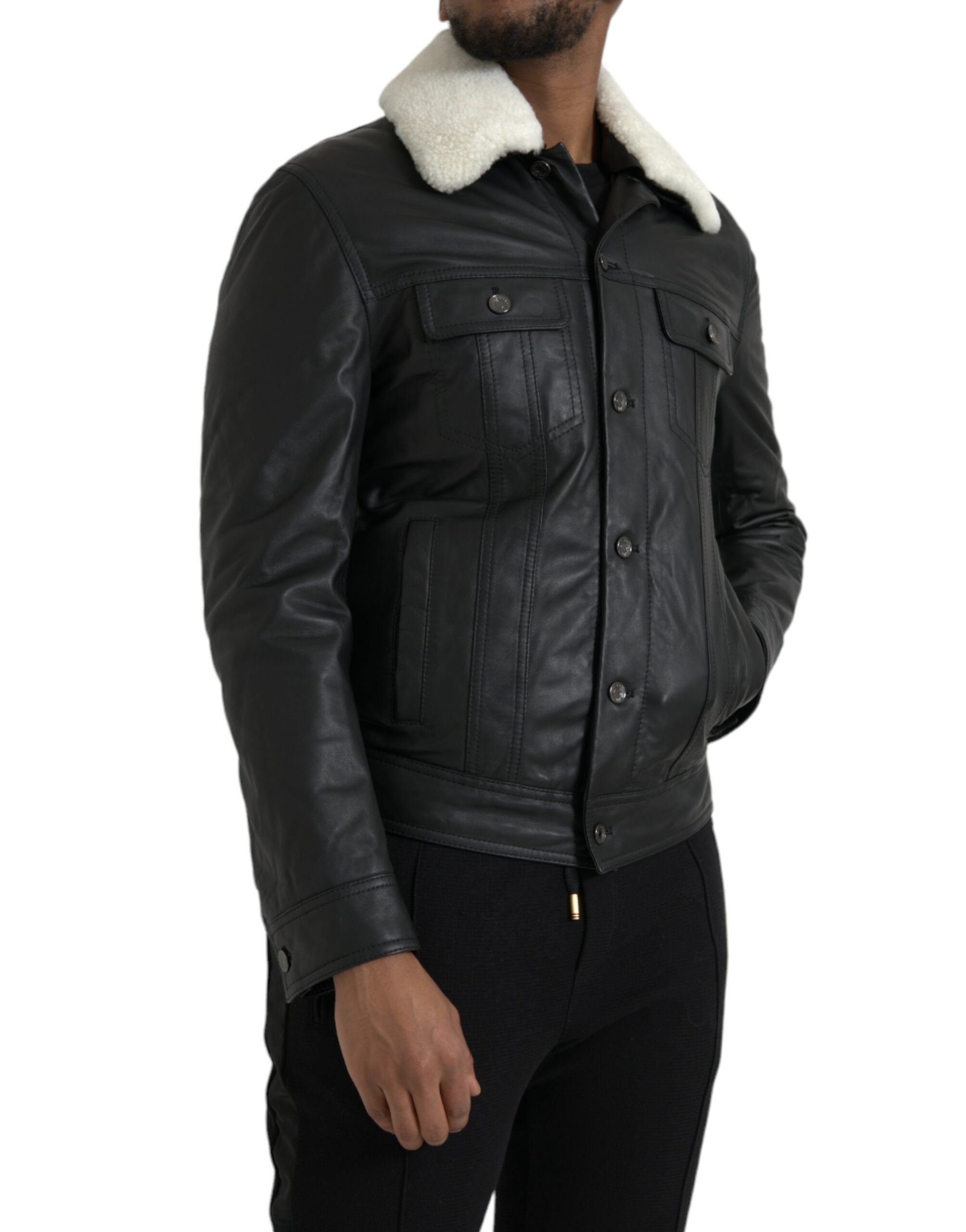 Dolce & Gabbana Black Leather Fur Collar Biker Coat Jacket -   -  Dolce & Gabbana.