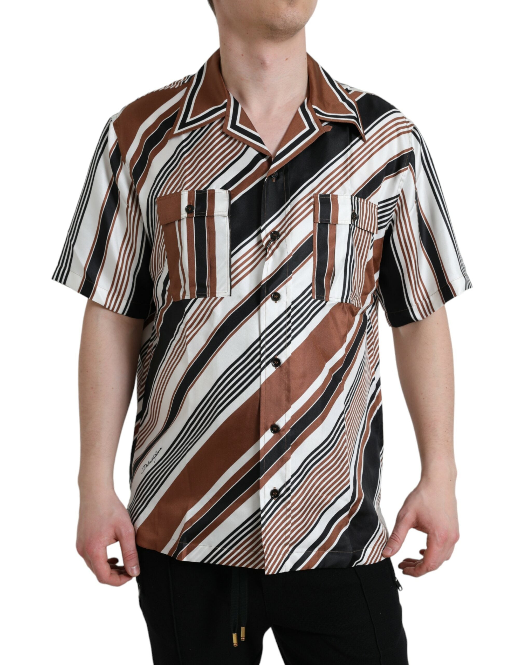 Dolce & Gabbana Brown White Silk Striped Short Sleeve Shirt -   -  Dolce & Gabbana.