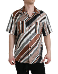 Dolce & Gabbana Brown White Silk Striped Short Sleeve Shirt -   -  Dolce & Gabbana.