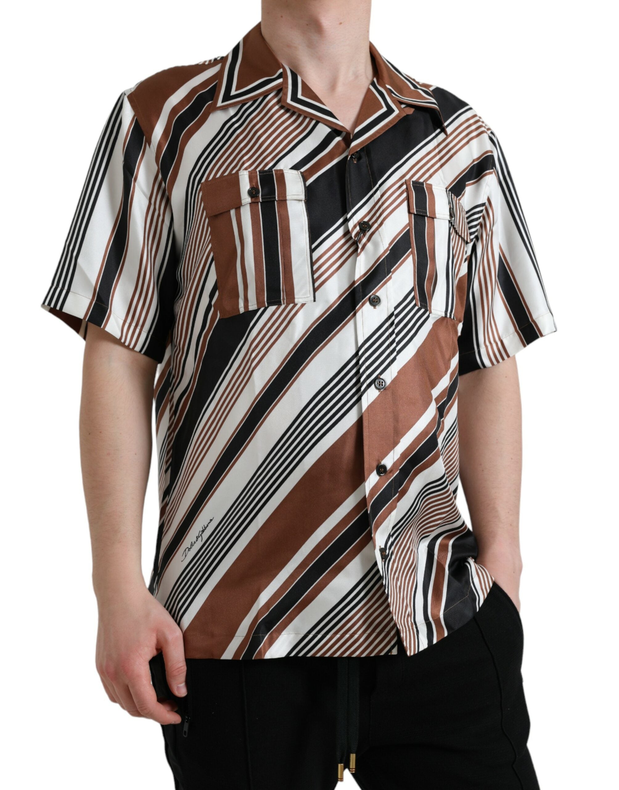Dolce & Gabbana Brown White Silk Striped Short Sleeve Shirt -   -  Dolce & Gabbana. Dolce & Gabbana Brown White Silk Striped Short Sleeve Shirt -   -  Dolce & Gabbana.