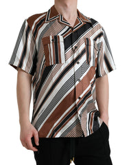 Dolce & Gabbana Brown White Silk Striped Short Sleeve Shirt -   -  Dolce & Gabbana.