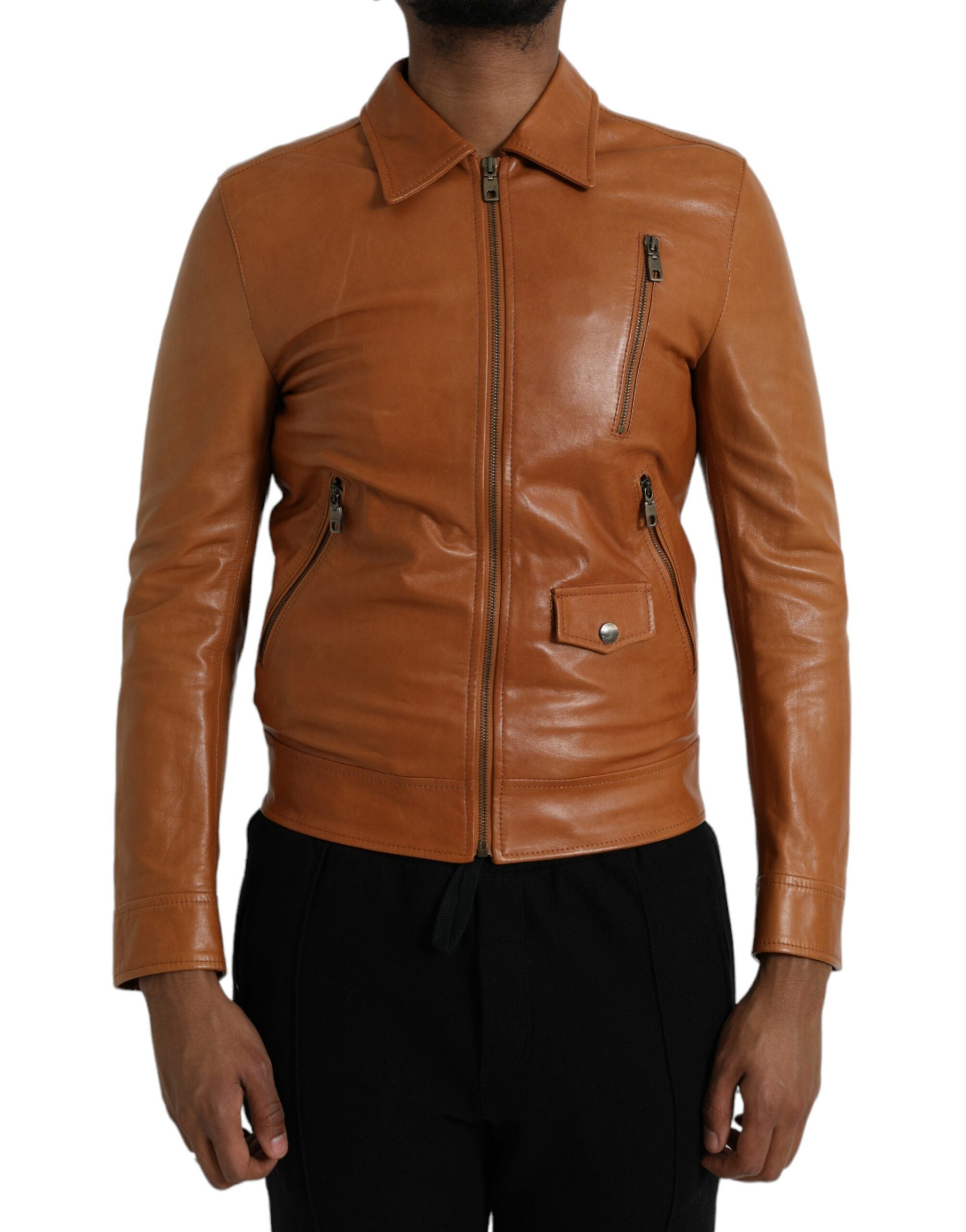 Dolce & Gabbana Brown Lamb Leather Full Zip Blouson Jacket -   -  Dolce & Gabbana.