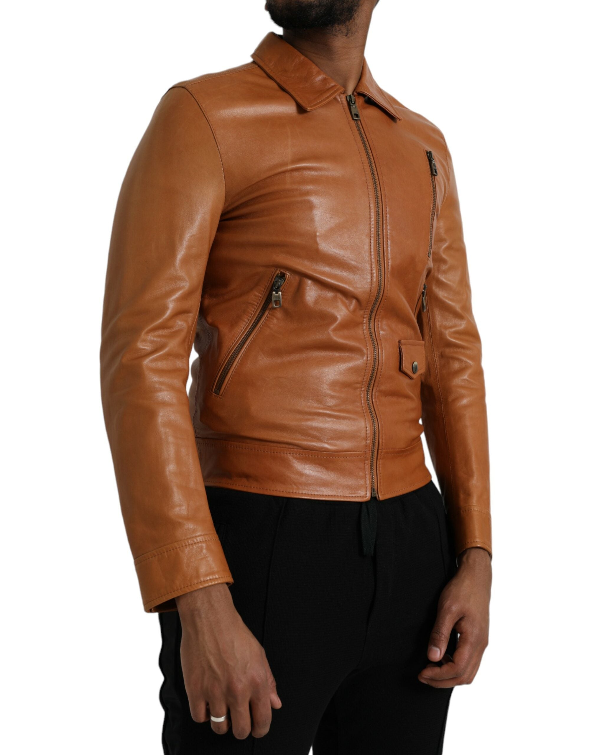 Dolce & Gabbana Brown Lamb Leather Full Zip Blouson Jacket -   -  Dolce & Gabbana. Dolce & Gabbana Brown Lamb Leather Full Zip Blouson Jacket -   -  Dolce & Gabbana.