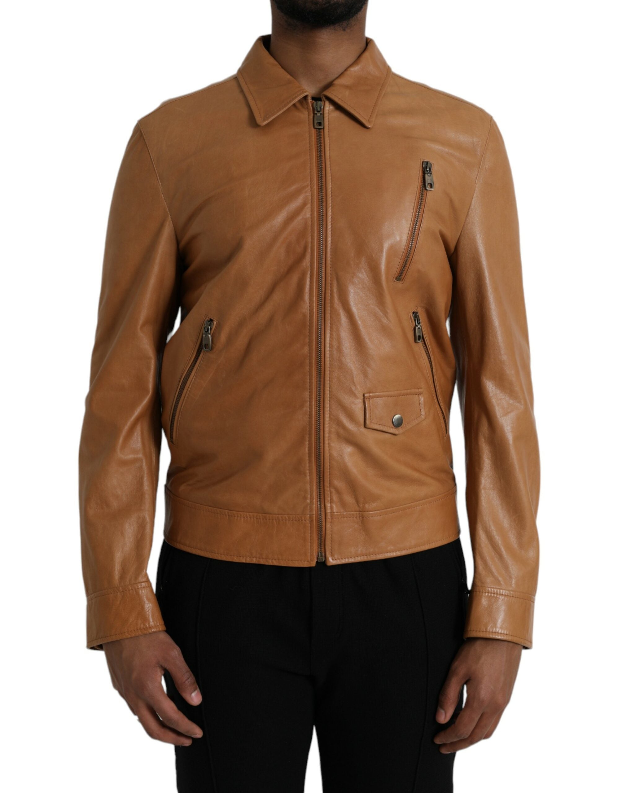 Dolce & Gabbana Brown Lamb Leather Full Zip Blouson Jacket -   -  Dolce & Gabbana.