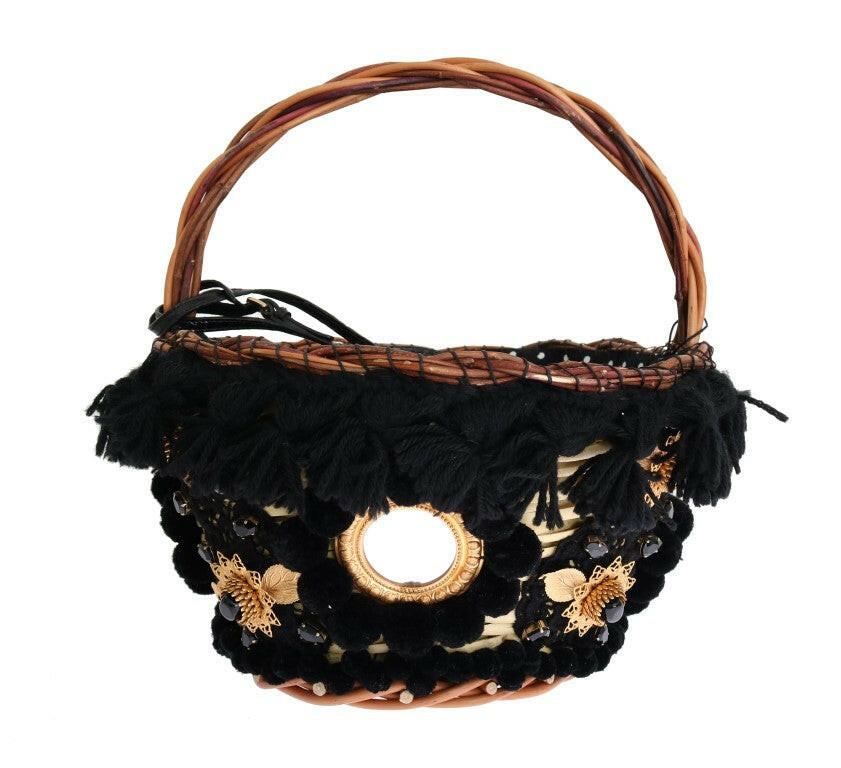 Dolce & Gabbana Beige Straw Snakeskin Pom Pom Crystal AGNESE Bag -   -  Dolce & Gabbana.