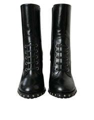 Dolce & Gabbana Black Leather Studded Lace Up Boots Shoes -   -  Dolce & Gabbana.