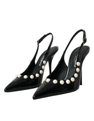 Dolce & Gabbana Black Leather Faux Pearl Heel Slingback Shoes -   -  Dolce & Gabbana.