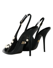 Dolce & Gabbana Black Leather Faux Pearl Heel Slingback Shoes -   -  Dolce & Gabbana.