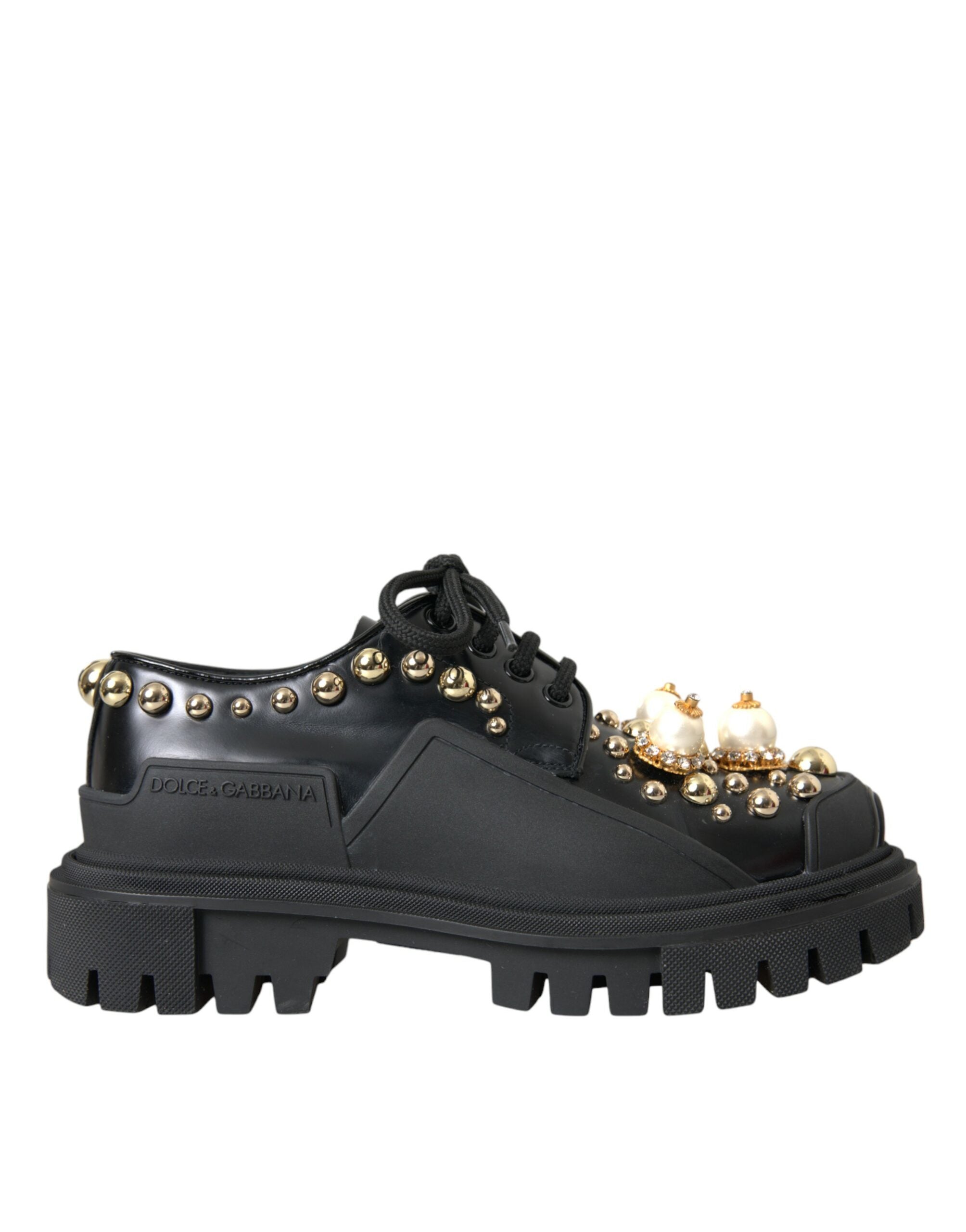 Dolce & Gabbana Black Leather Trekking Derby Embellished Shoes -   -  Dolce & Gabbana.