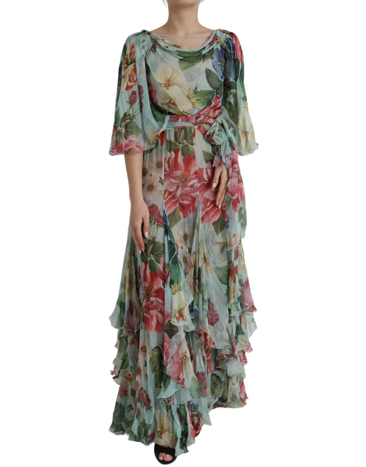 Dolce & Gabbana Blue Floral Print Tiered Long Maxi Dress -   -  Dolce & Gabbana.