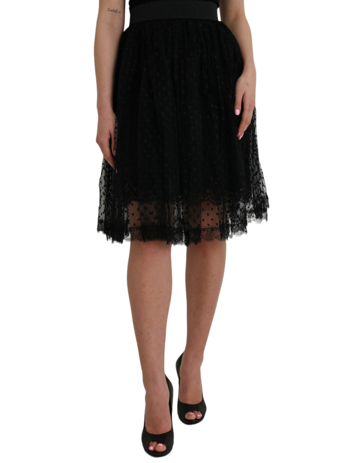 Dolce & Gabbana Black Nylon Lace Trim High Waist A-line Skirt -   -  Dolce & Gabbana.