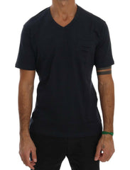 Daniele Alessandrini Blue Cotton V-neck T-Shirt - - Daniele Alessandrini.