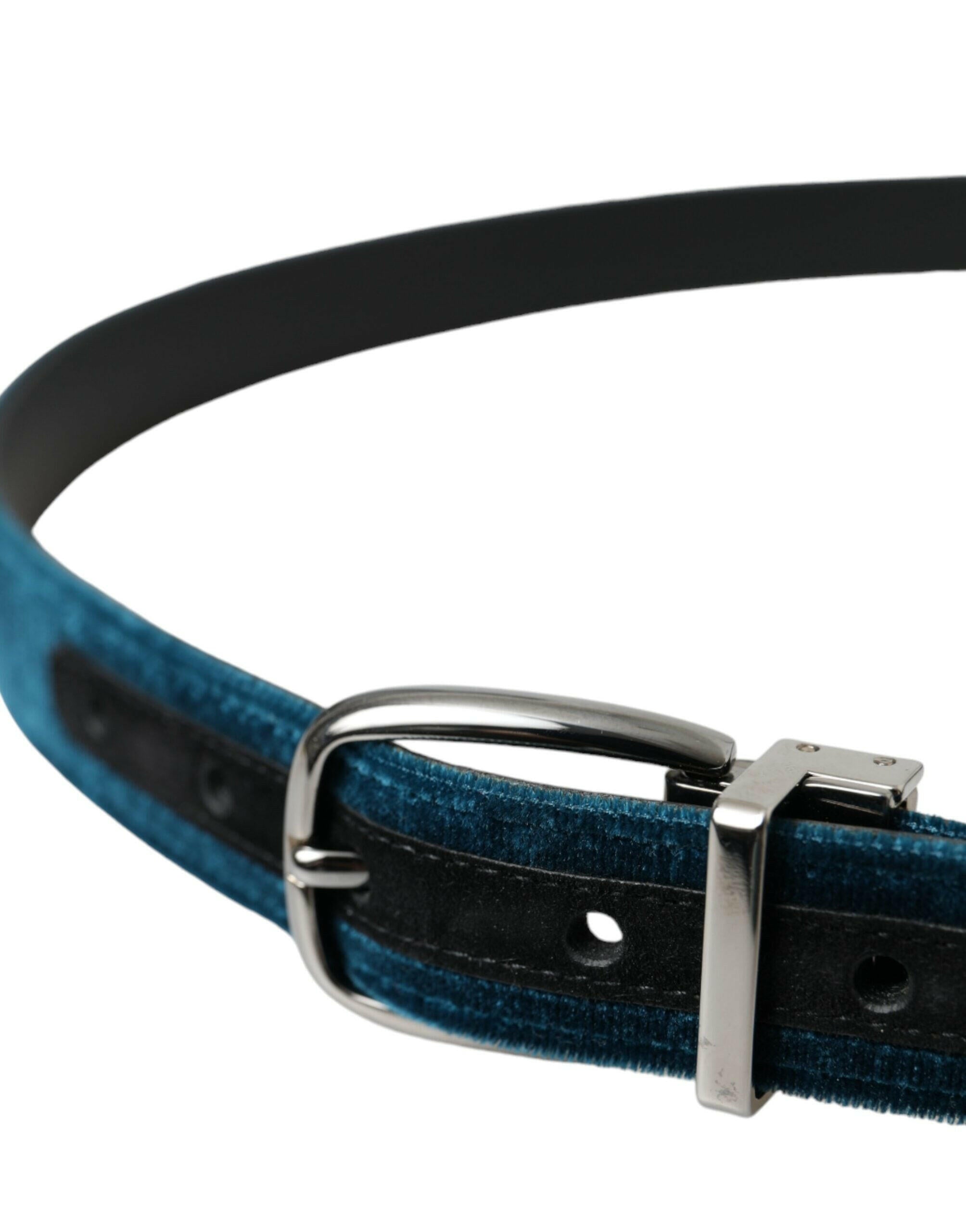 Dolce & Gabbana Blue Velvet Leather Silver Metal Buckle Belt -   -  Dolce & Gabbana. Dolce & Gabbana Blue Velvet Leather Silver Metal Buckle Belt -   -  Dolce & Gabbana.