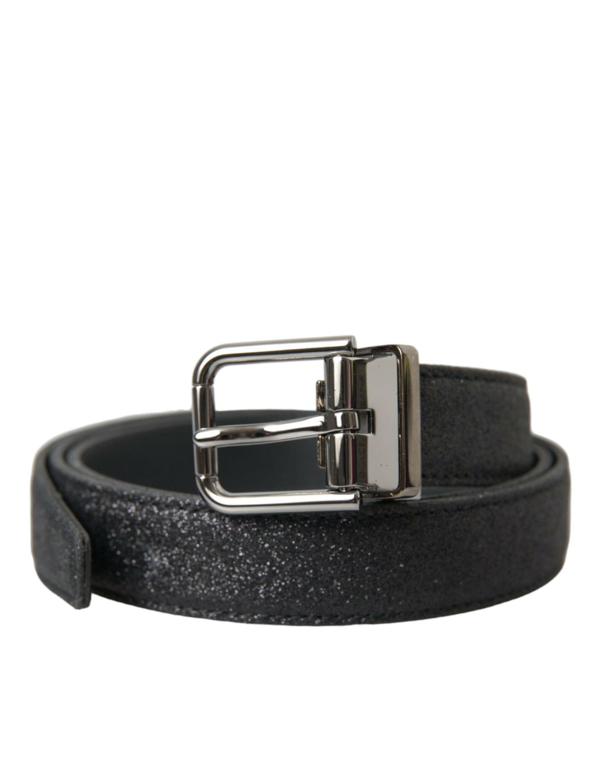 Dolce & Gabbana Black Glittered Leather Silver Buckle Belt -   -  Dolce & Gabbana.