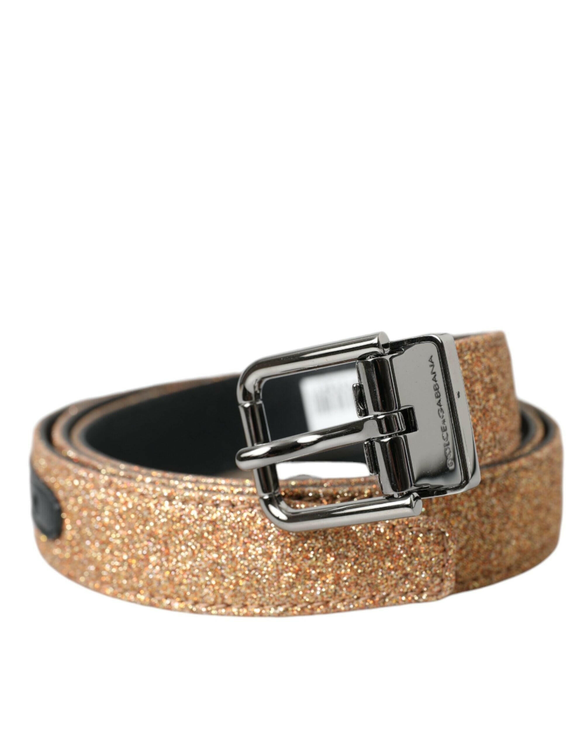 Dolce & Gabbana Gold Glitter Leather Silver Metal Buckle Belt -   -  Dolce & Gabbana.