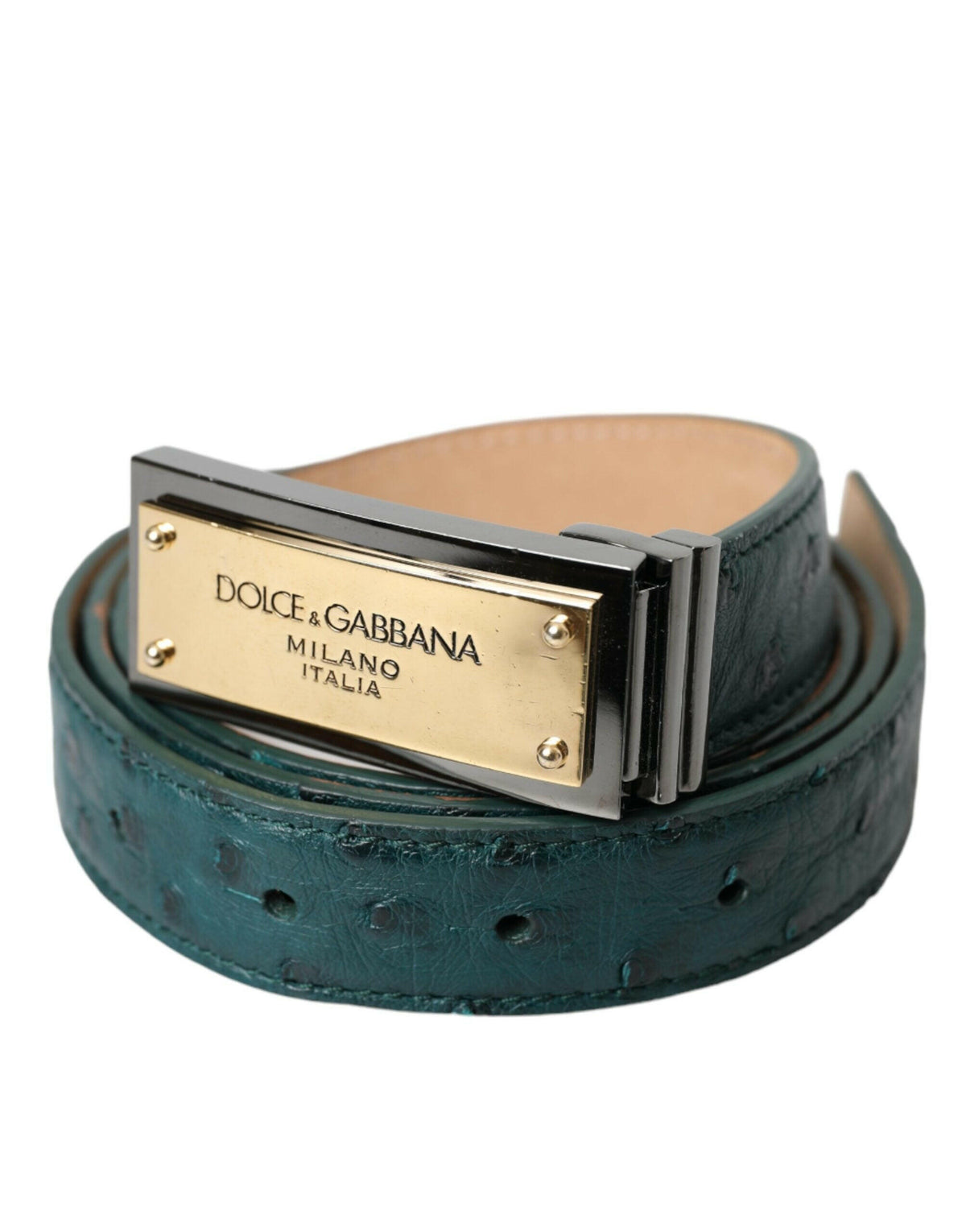 Dolce & Gabbana Green Leather Gold Logo Engraved Buckle Belt -   -  Dolce & Gabbana.