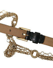 Dolce & Gabbana Black Leather Gold Chain Crystal Waist Women Belt -   -  Dolce & Gabbana.