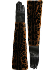 Dolce & Gabbana Brown Black Leopard Leather Elbow Length Gloves -   -  Dolce & Gabbana.