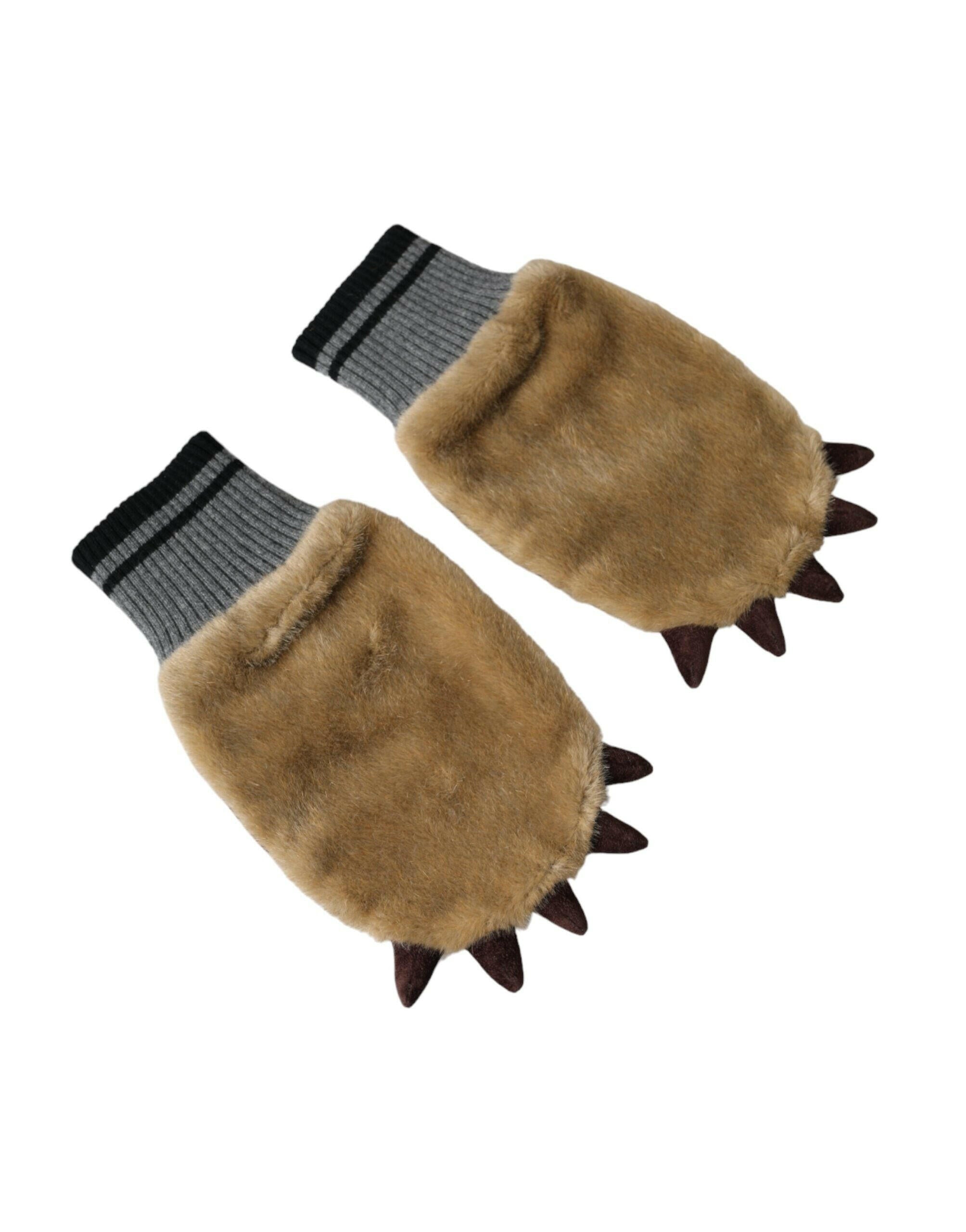 Dolce & Gabbana Beige Acrylic Knitted Fur Wrist Mitten Gloves - - Dolce & Gabbana.
