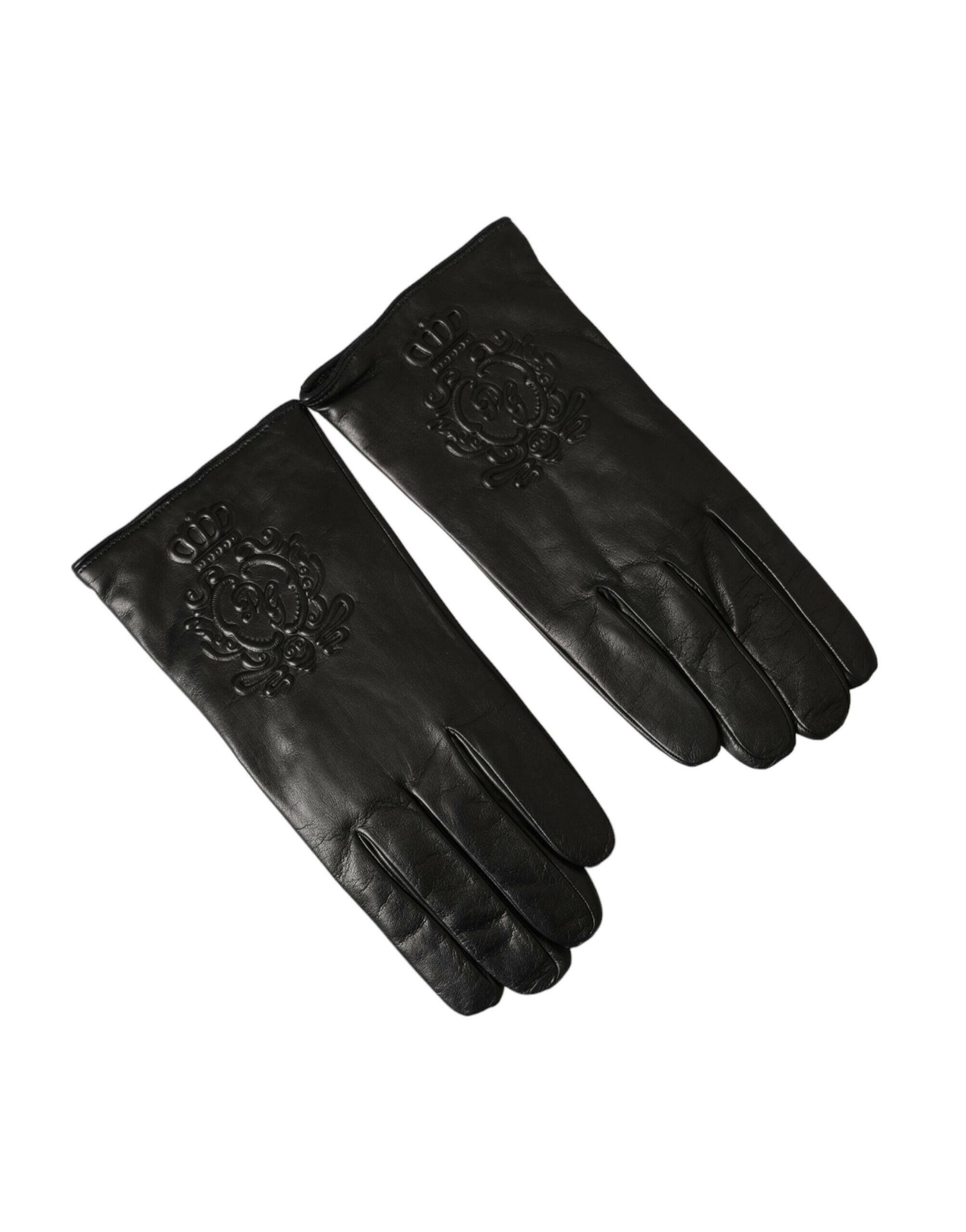 Dolce & Gabbana Black Leather Embossed Logo Short Hands Gloves -   -  Dolce & Gabbana.