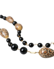 Dolce & Gabbana Gold Tone Brass Black Printed Beaded Long Chain Necklace - - Dolce & Gabbana.