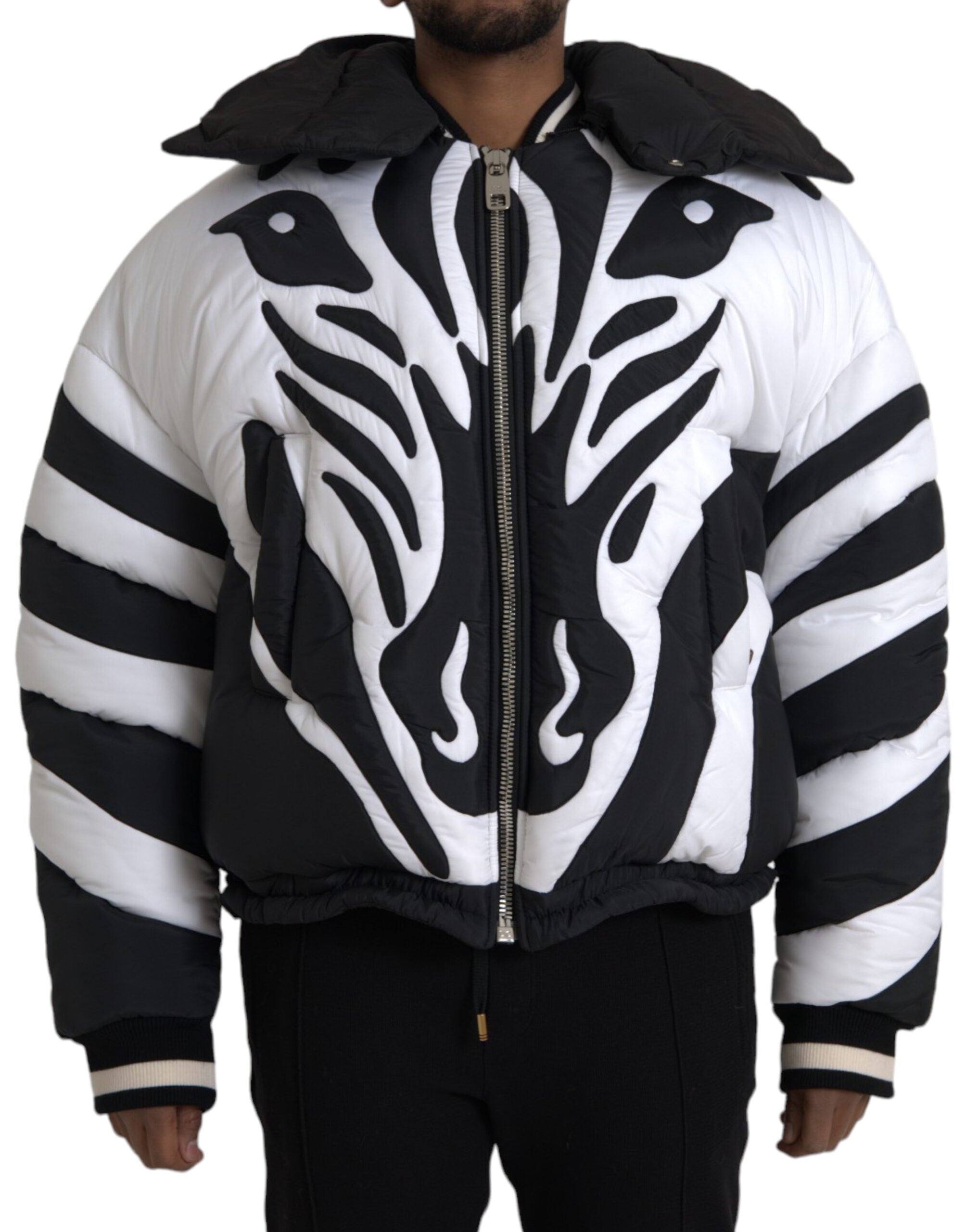 Dolce & Gabbana Black White Stripes Hooded Puffer Jacket -   -  Dolce & Gabbana.