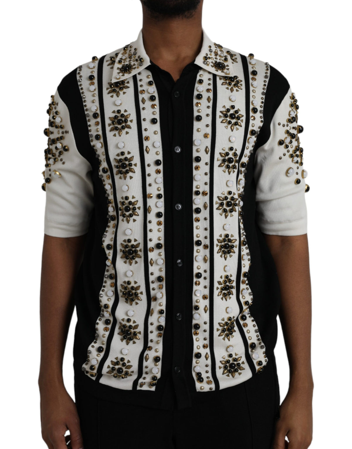 Dolce & Gabbana White Black Silk Studded Stone Crystal Shirt -   -  Dolce & Gabbana.