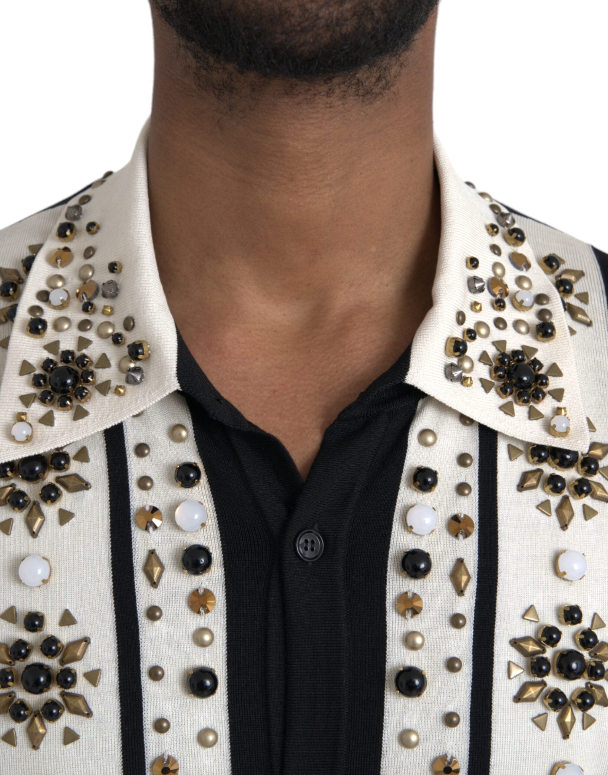 Dolce & Gabbana White Black Silk Studded Stone Crystal Shirt -   -  Dolce & Gabbana. Dolce & Gabbana White Black Silk Studded Stone Crystal Shirt -   -  Dolce & Gabbana.