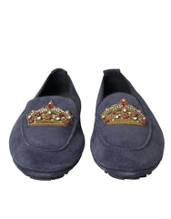 Dolce & Gabbana Blue Leather Suede Crystal Crown Loafers Shoes -   -  Dolce & Gabbana.