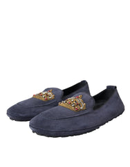 Dolce & Gabbana Blue Leather Suede Crystal Crown Loafers Shoes -   -  Dolce & Gabbana.