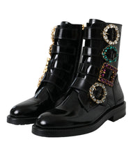 Dolce & Gabbana Black Leather Crystal Buckles Boots Shoes -   -  Dolce & Gabbana.