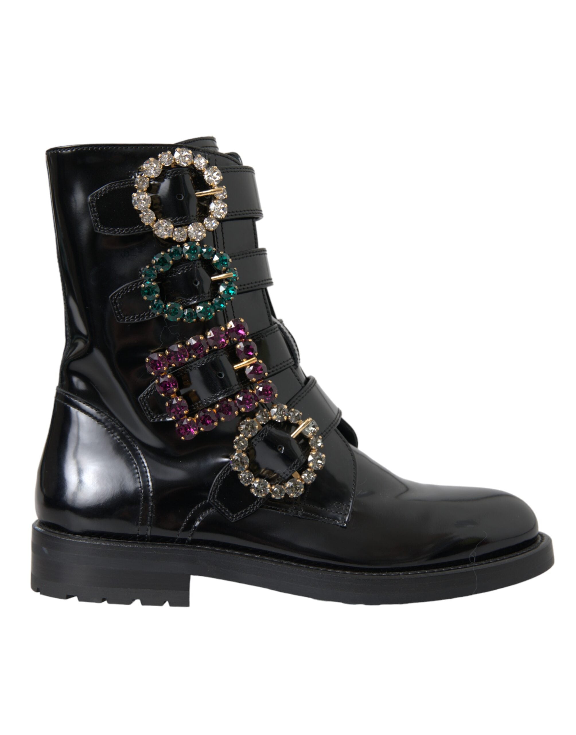 Dolce & Gabbana Black Leather Crystal Buckles Boots Shoes -   -  Dolce & Gabbana.