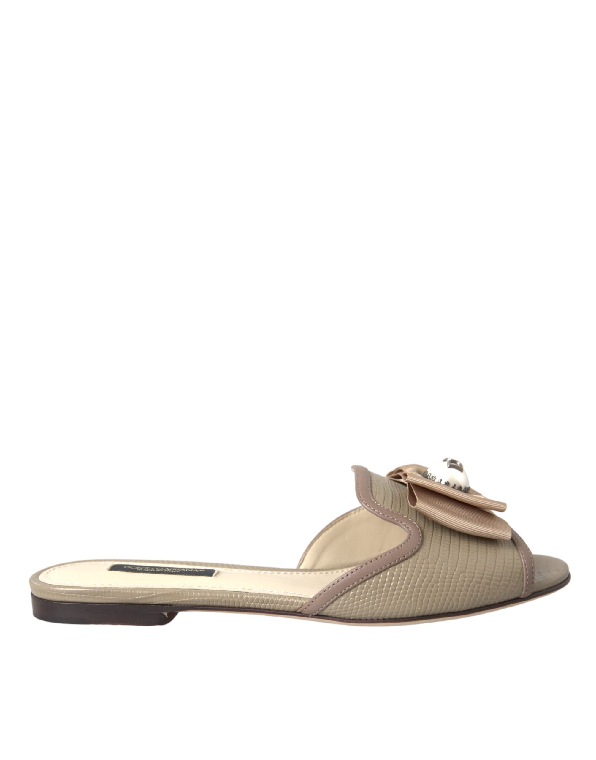 Dolce & Gabbana Beige Logo Pearl Flats Sandals Slides Shoes -   -  Dolce & Gabbana.