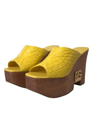 Dolce & Gabbana Yellow Leather Wood Mule Wedge Slides Shoes -   -  Dolce & Gabbana.