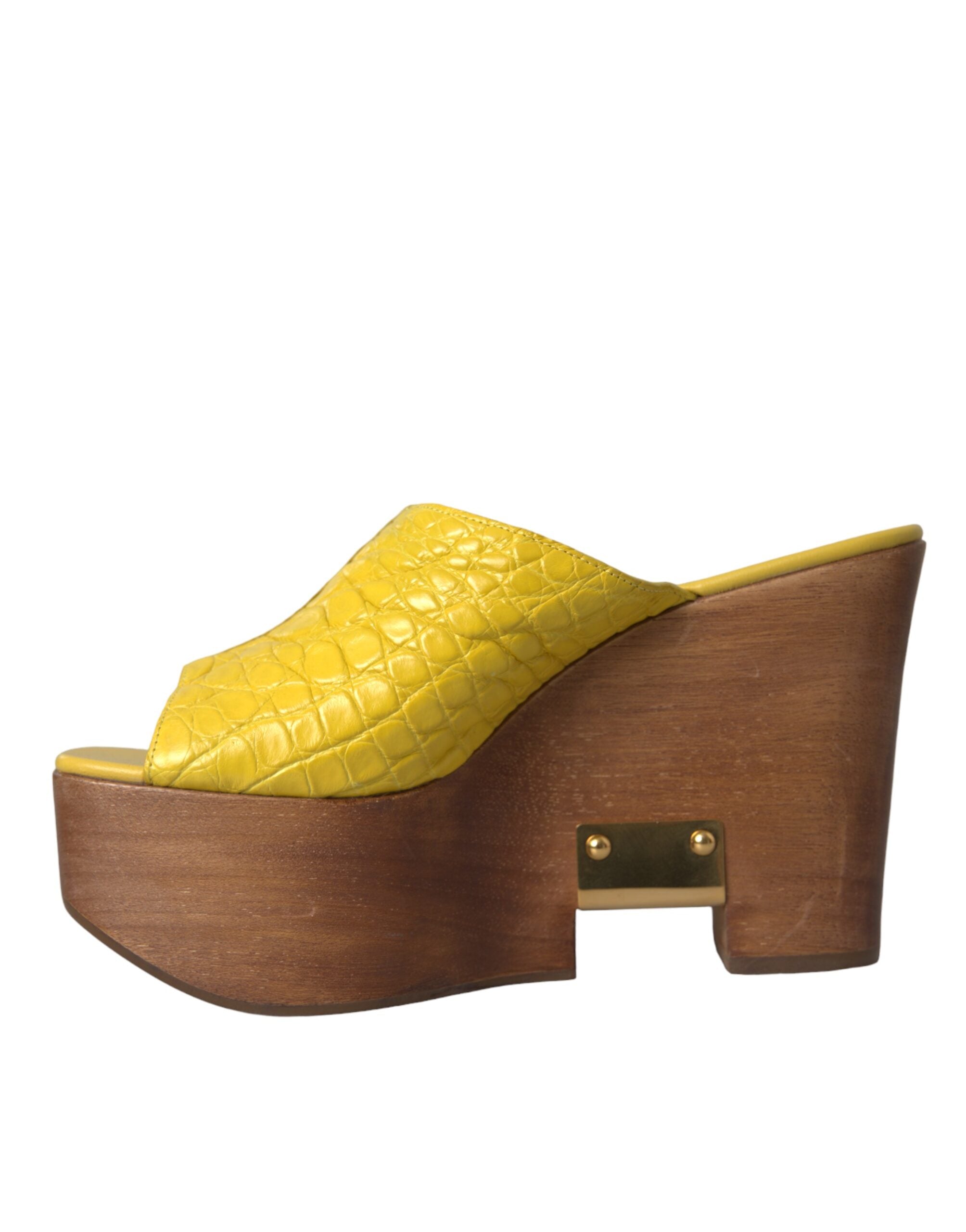 Dolce & Gabbana Yellow Leather Wood Mule Wedge Slides Shoes -   -  Dolce & Gabbana. Dolce & Gabbana Yellow Leather Wood Mule Wedge Slides Shoes -   -  Dolce & Gabbana.