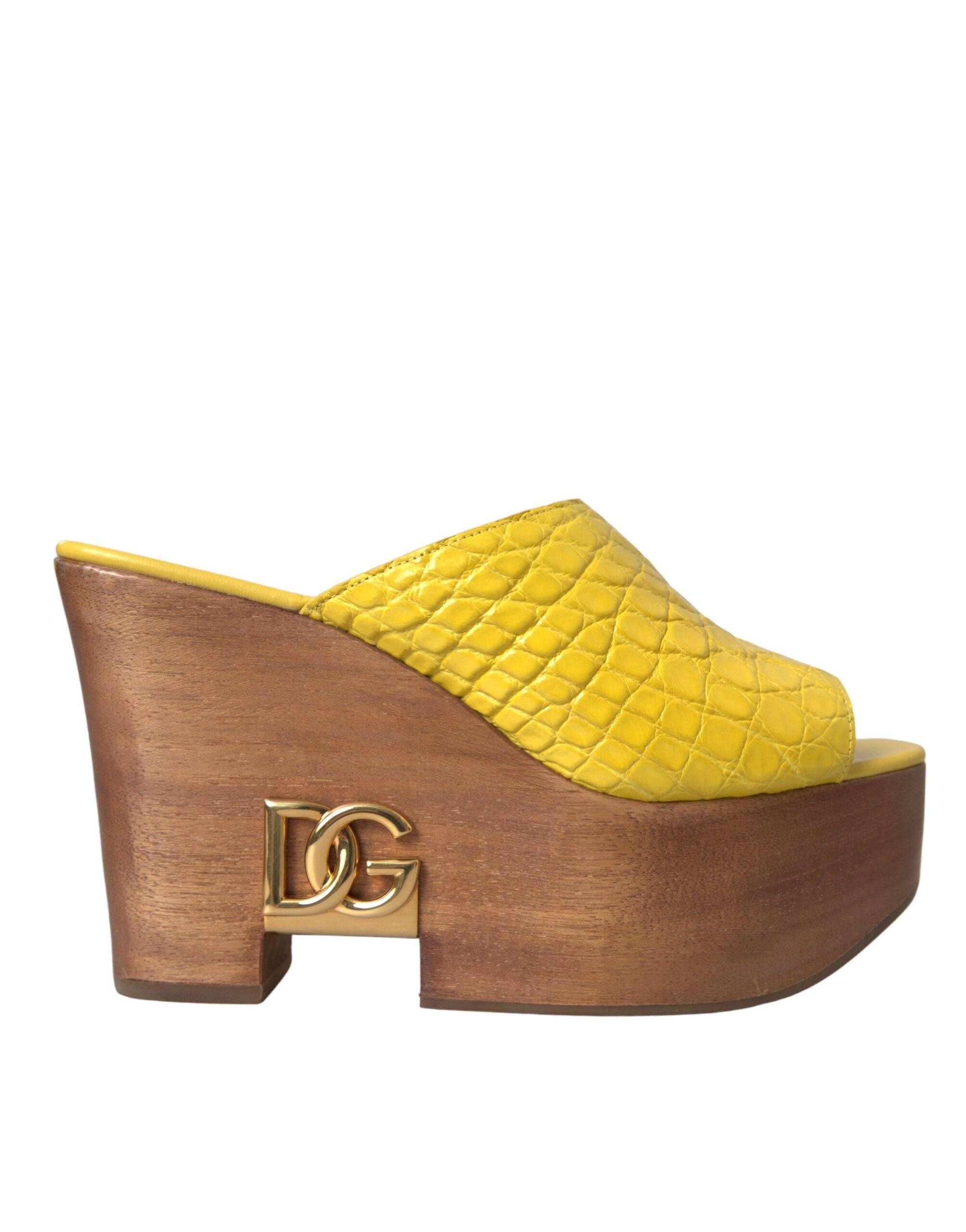 Dolce & Gabbana Yellow Leather Wood Mule Wedge Slides Shoes -   -  Dolce & Gabbana.
