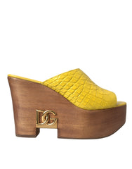 Dolce & Gabbana Yellow Leather Wood Mule Wedge Slides Shoes -   -  Dolce & Gabbana.