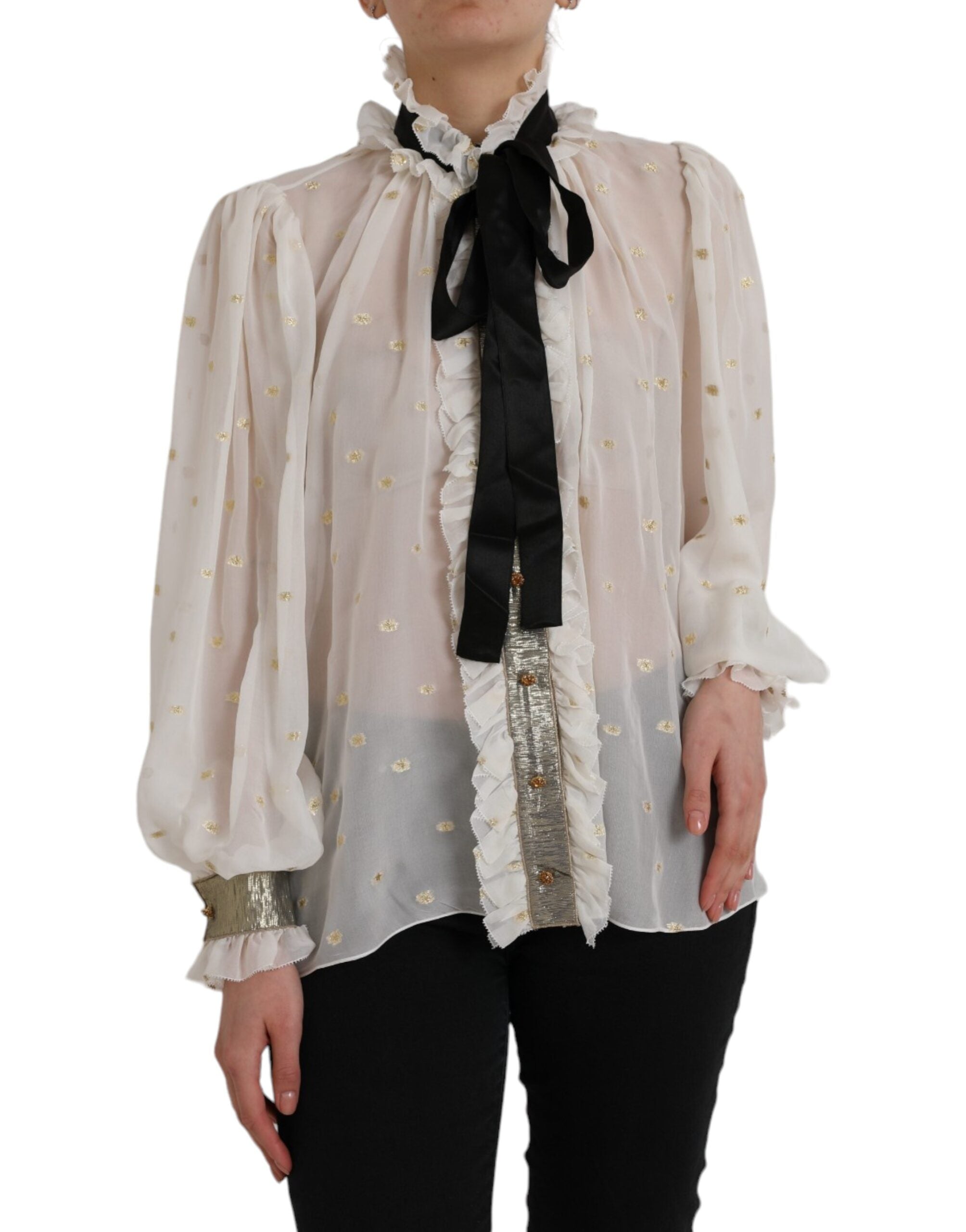Dolce & Gabbana Off White Silk Blend Ascot Collar Blouse Top -   -  Dolce & Gabbana.