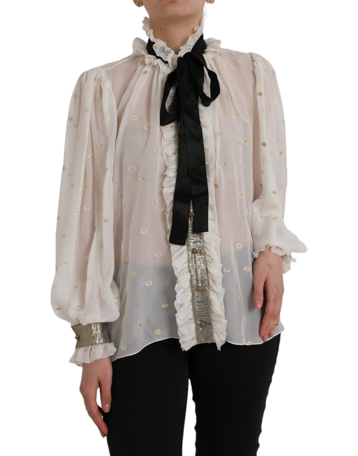 Dolce & Gabbana Off White Silk Blend Ascot Collar Blouse Top -   -  Dolce & Gabbana.