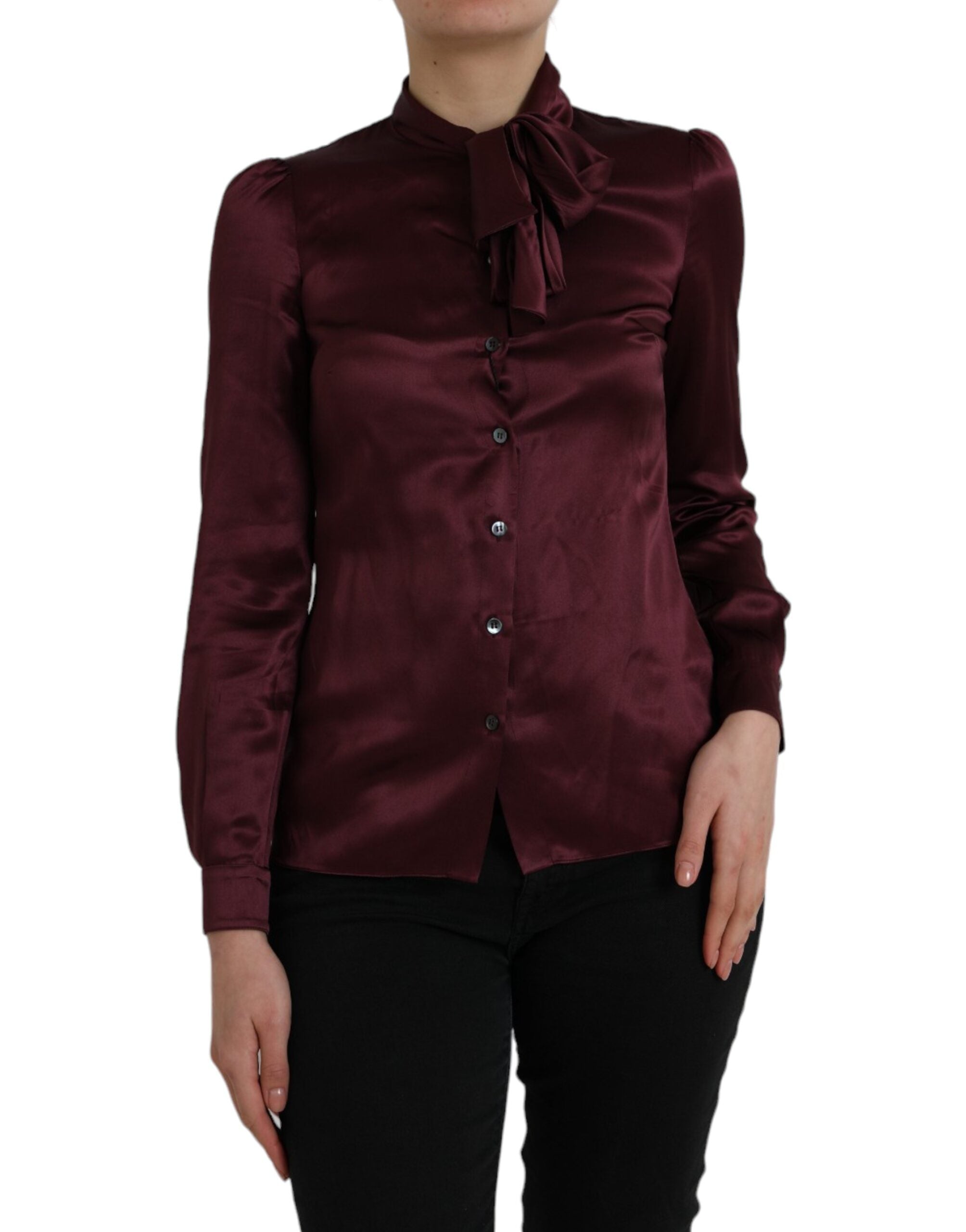 Dolce & Gabbana Maroon Ascot Collar Long Sleeve Top Blouse -   -  Dolce & Gabbana.