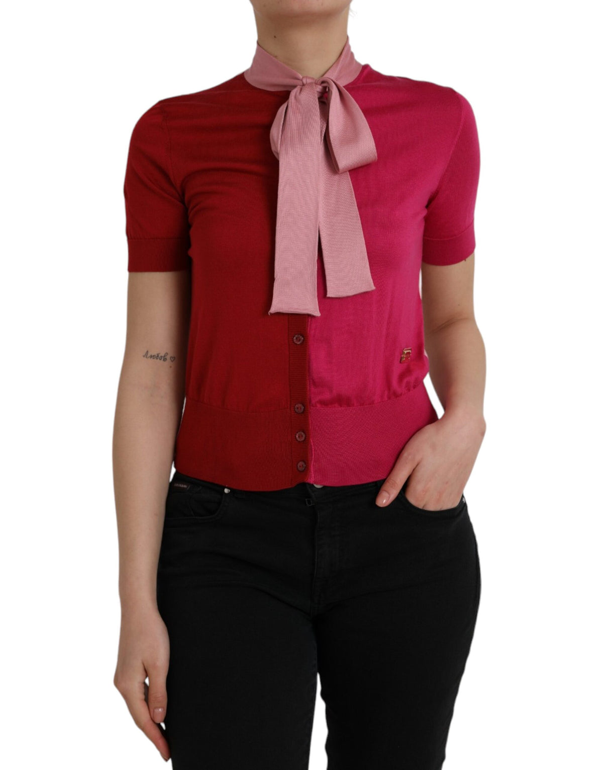 Dolce & Gabbana Pink Short Sleeves Pullover Ascot Collar Top -   -  Dolce & Gabbana.