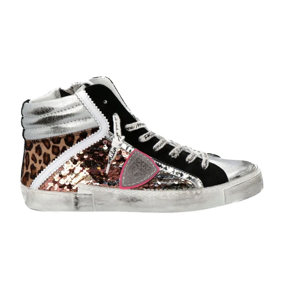 Philippe Model Elegant Gray Leather Sneakers with Sequin Details -   -  Philippe Model.