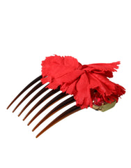 Dolce & Gabbana Red Silk Floral Gold Brass Women Hair Comb -   -  Dolce & Gabbana.