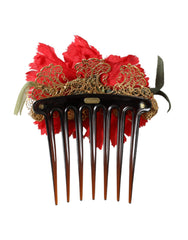 Dolce & Gabbana Red Silk Floral Gold Brass Women Hair Comb -   -  Dolce & Gabbana.