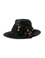 Dolce & Gabbana Black Leather DG Coin Crystal Wide Brim Hat -   -  Dolce & Gabbana.