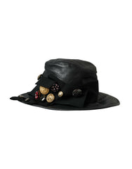 Dolce & Gabbana Black Leather DG Coin Crystal Wide Brim Hat -   -  Dolce & Gabbana.