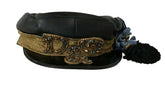 Dolce & Gabbana Black Leather Crystal Beads Gold Ribbon Fiddler Cap -   -  Dolce & Gabbana.